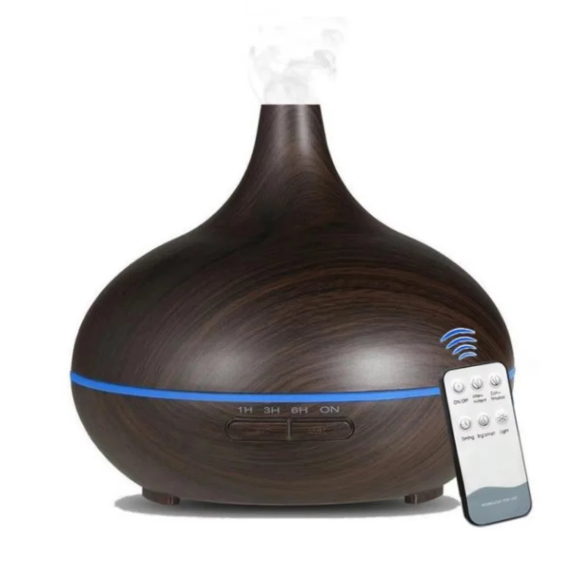 Wood grain essential oil diffuser with remote control and mist, creating a calming ambiance.