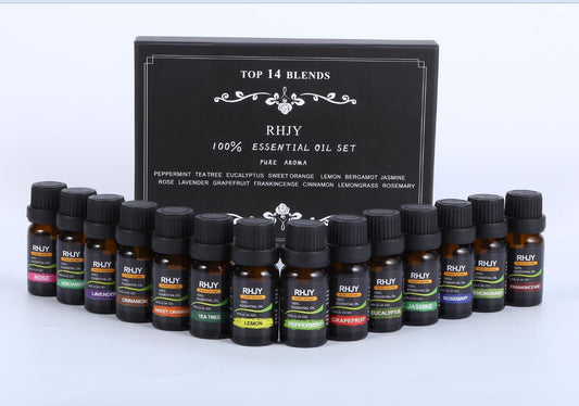 Essential oil set 14 featuring 14 different essential oil bottles with a display box.