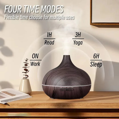 Wood grain essential oil diffuser with four time modes: 1H Read, 3H Yoga, 6H Sleep, and ON Work.
