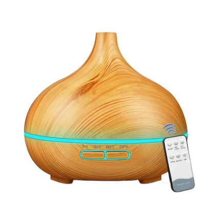 wood grain essential oil diffuser with remote control and soothing light features, perfect for creating a calming atmosphere.