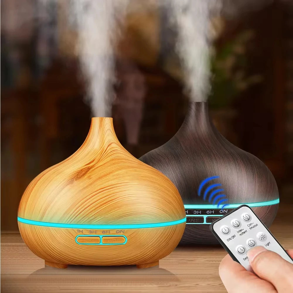 Wood grain essential oil diffuser with remote control, emitting mist, ideal for creating a calming atmosphere.