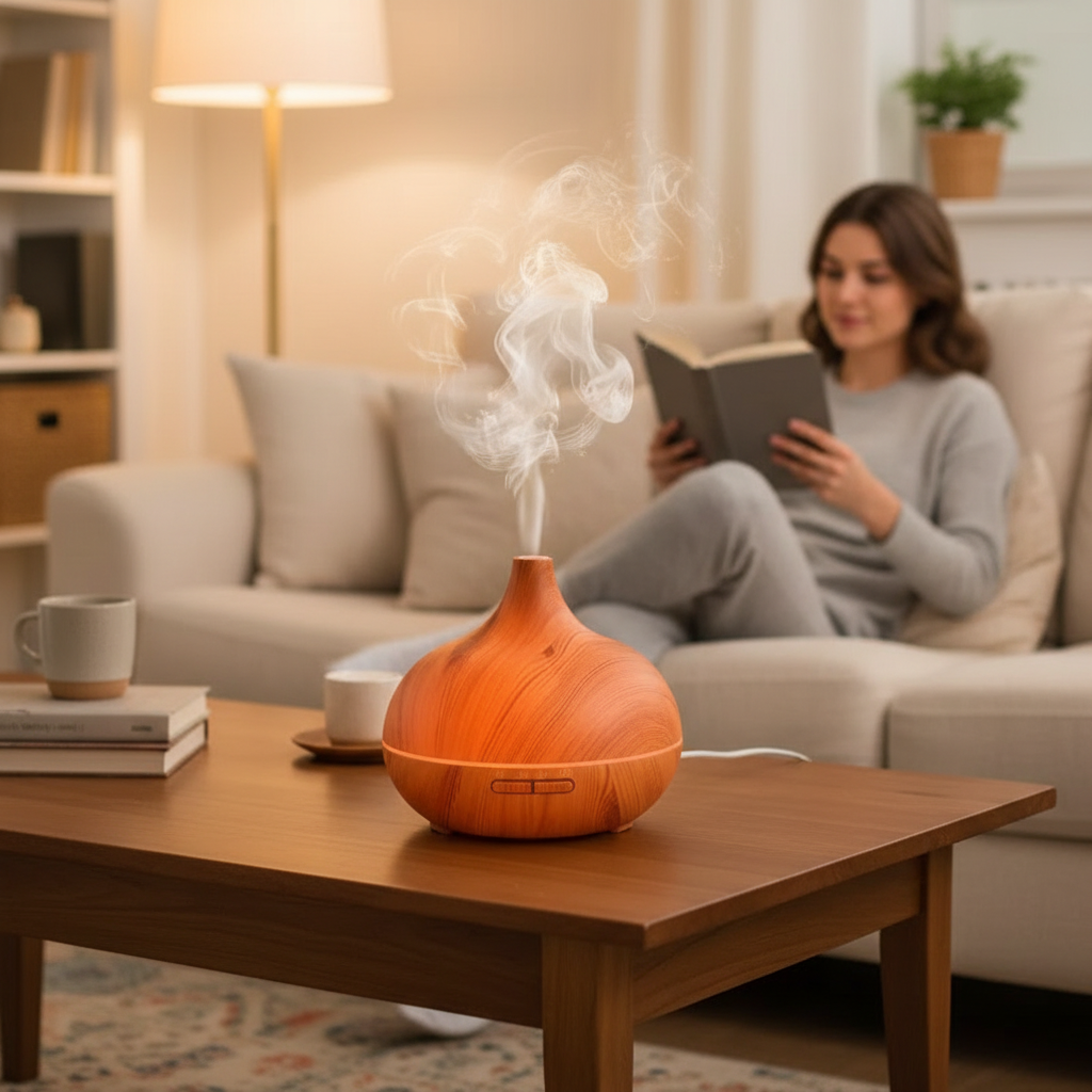 Wood grain essential oil diffuser emitting mist in a cozy living room with a woman reading.