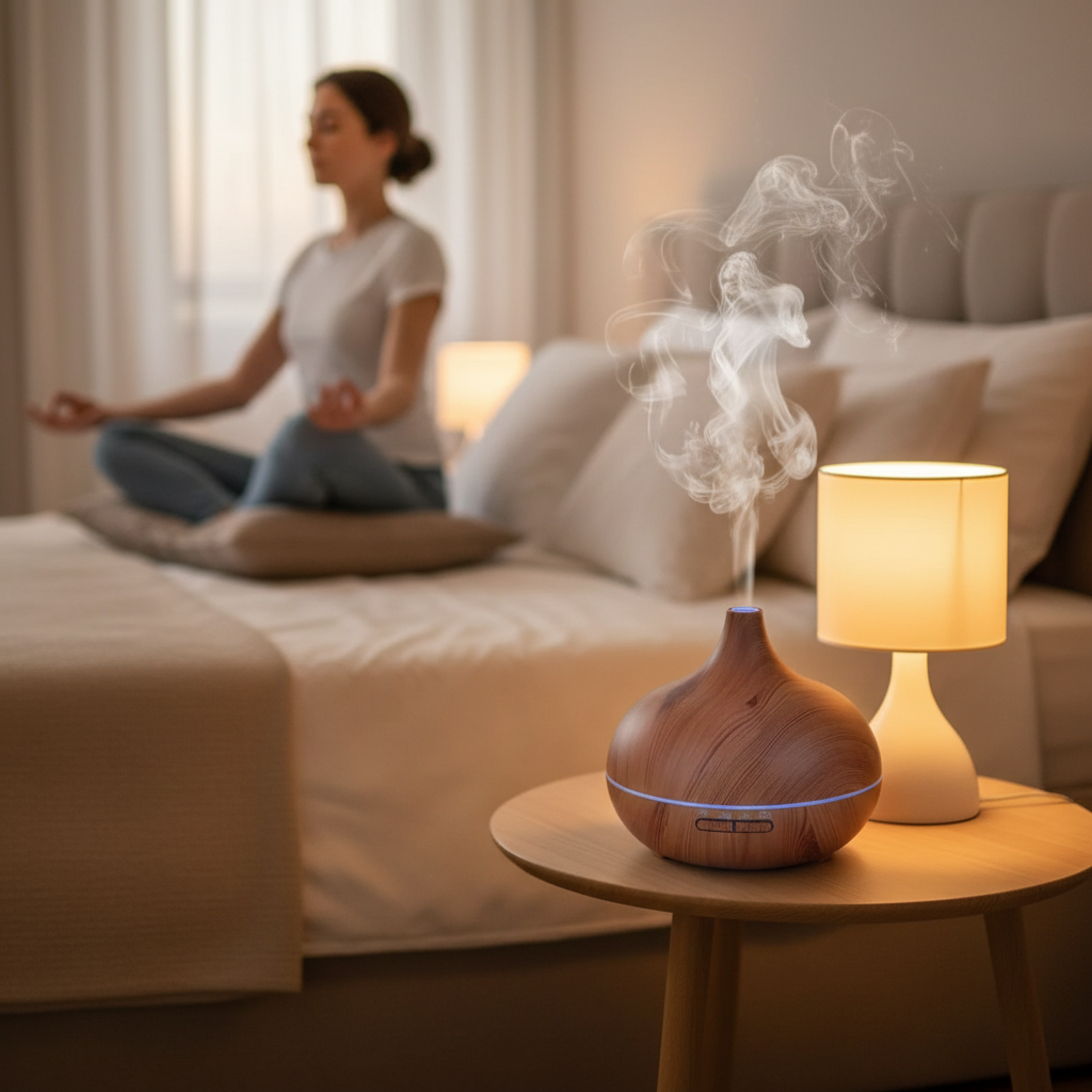 Wood grain essential oil diffuser emitting mist beside a lamp in a serene bedroom setting with a person meditating.